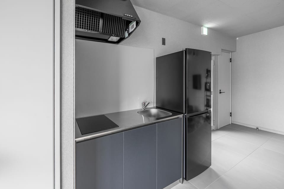 Fridge, microwave, stovetop, electric kettle
