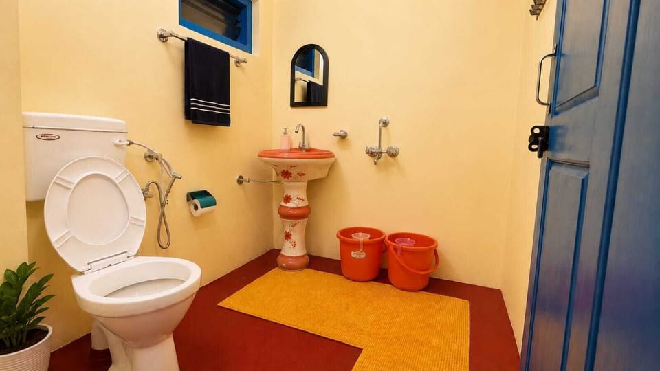 Shower, slippers, towels, soap