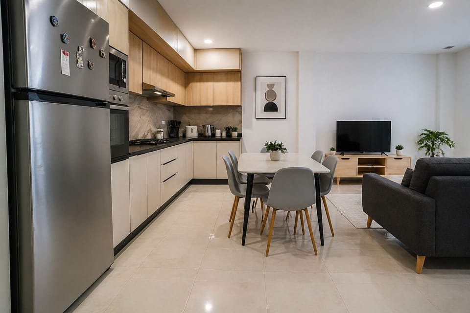 Apartment | Private kitchen | Fridge, microwave, oven, stovetop