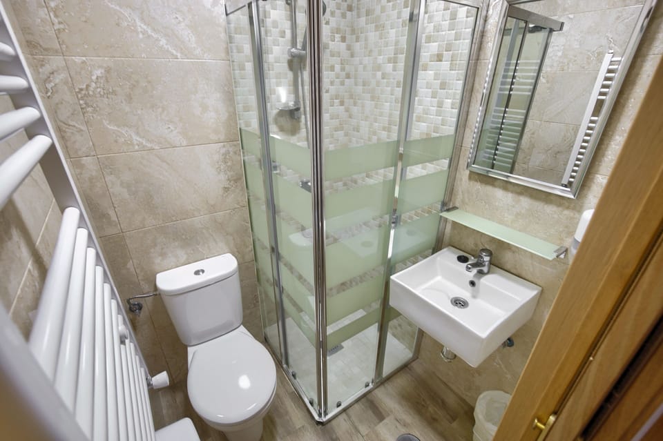Shower, towels, soap, toilet paper