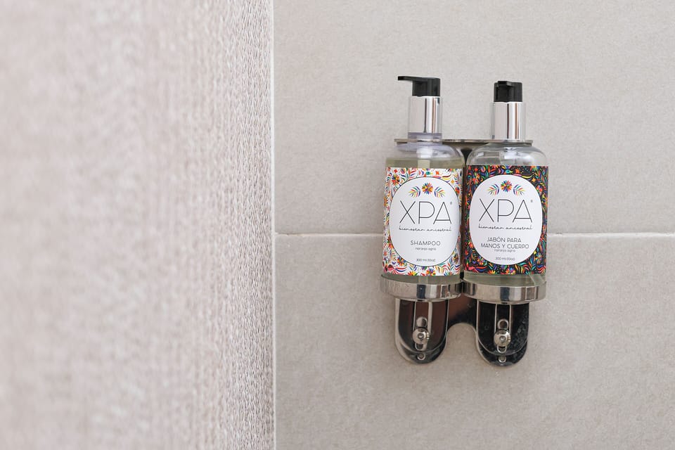 Shower, towels, soap, shampoo