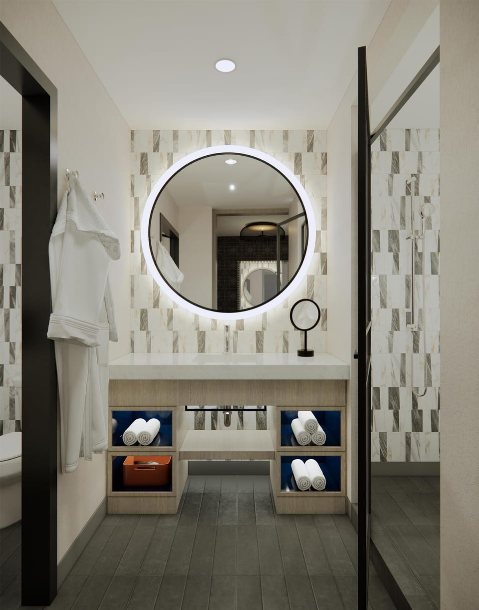 Hair dryer, bathrobes, slippers, towels