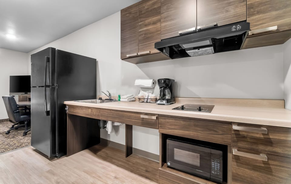 Full-size fridge, microwave, stovetop