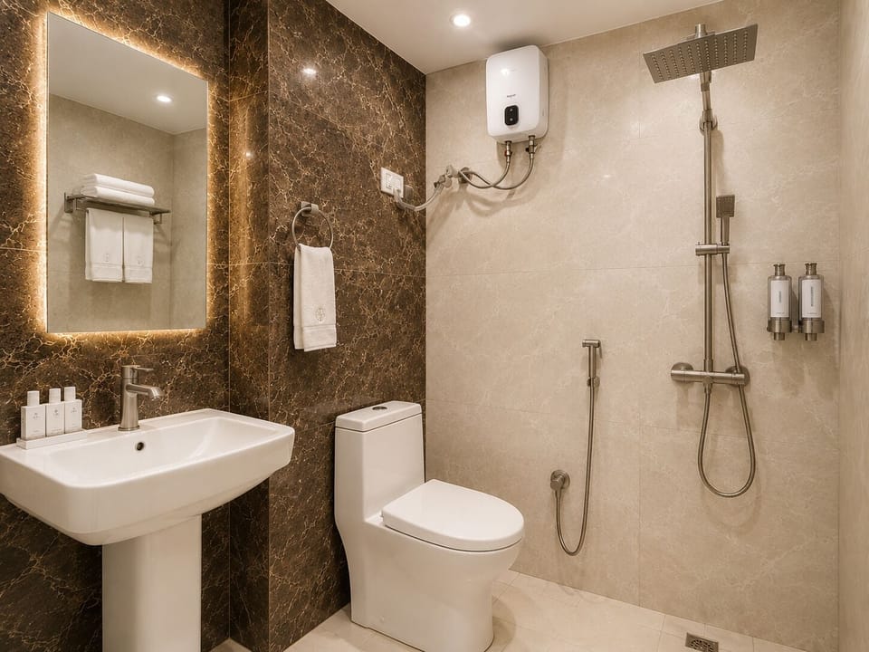 Shower, towels, soap, shampoo
