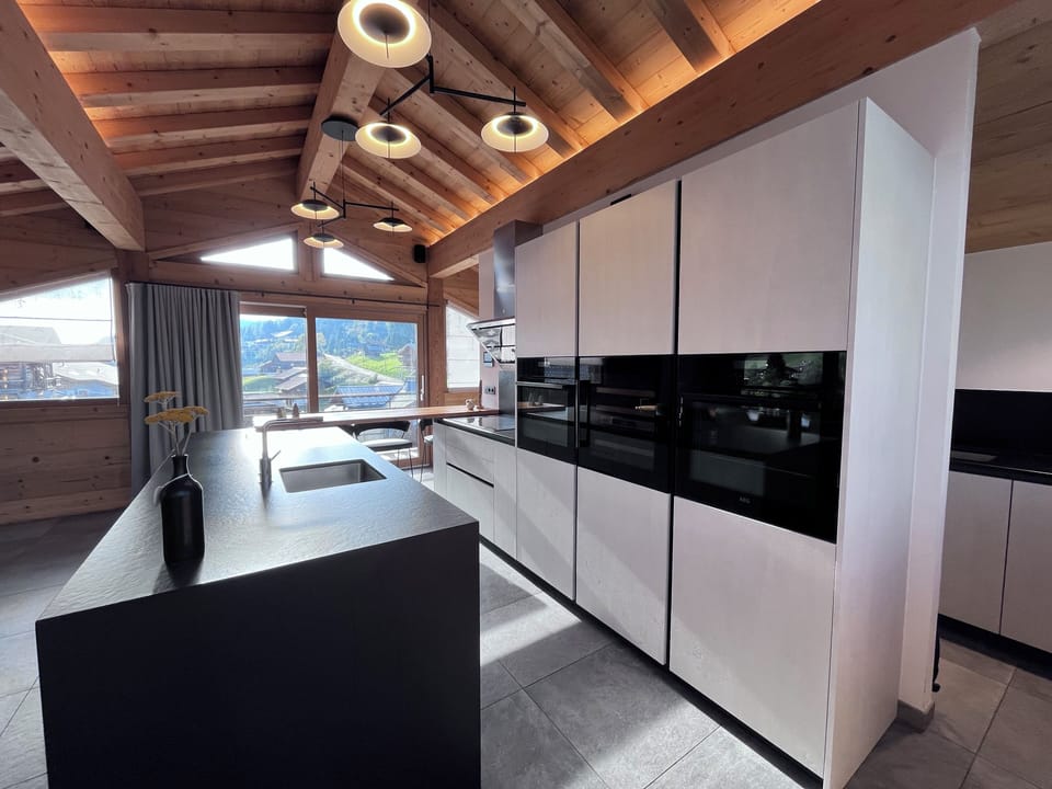 Full-size fridge, oven, stovetop, dishwasher