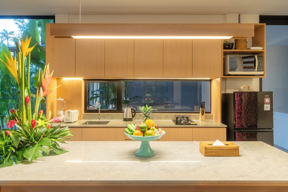 Fridge, microwave, stovetop, electric kettle