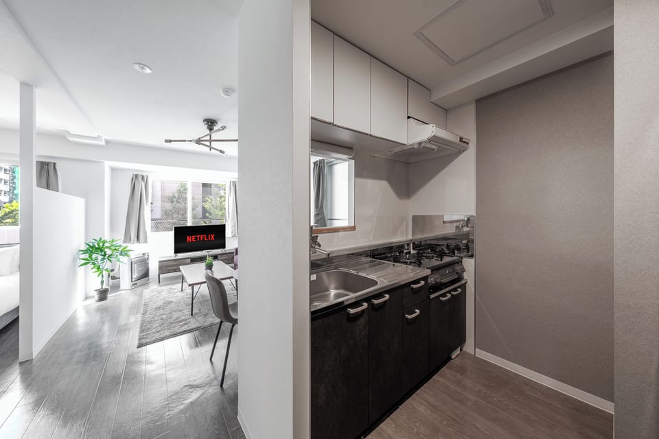 Fridge, microwave, stovetop, electric kettle