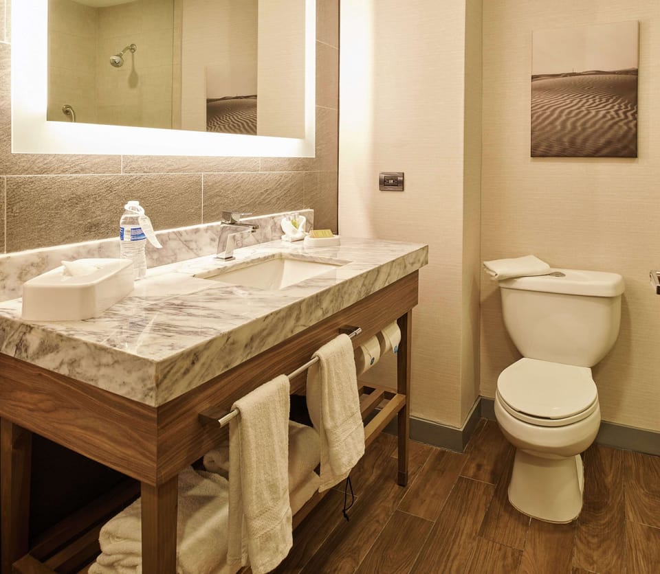 Shower, rainfall showerhead, free toiletries, hair dryer