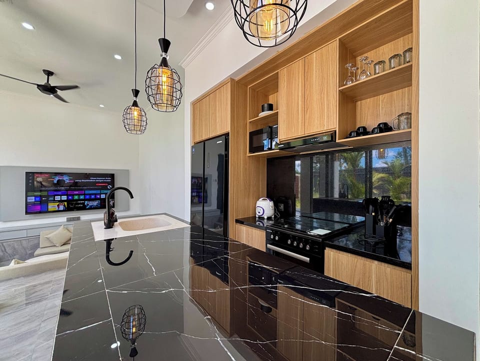 Two-Bedroom Villa | Private kitchen | Full-size fridge, microwave, stovetop, cookware/dishes/utensils