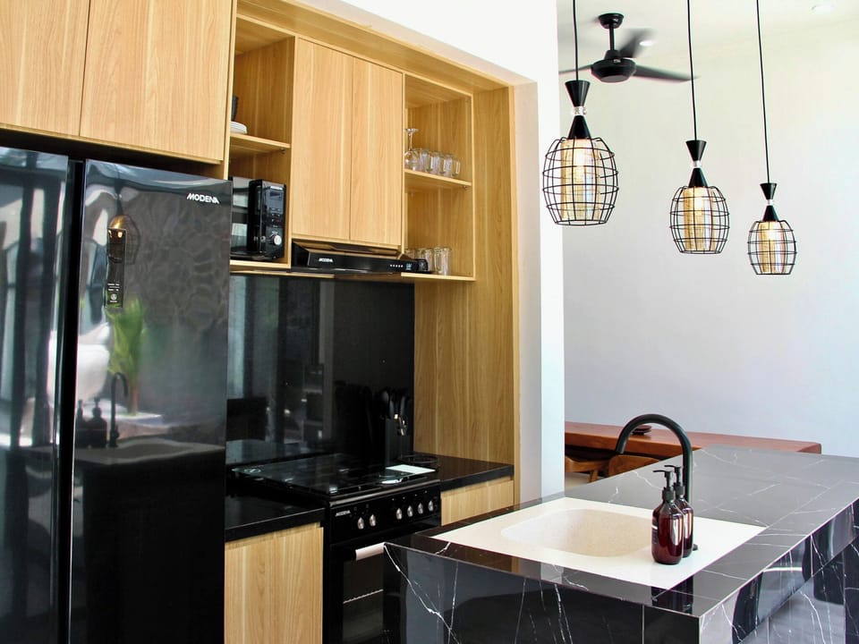 Two-Bedroom Villa | Private kitchen | Full-size fridge, microwave, stovetop, cookware/dishes/utensils