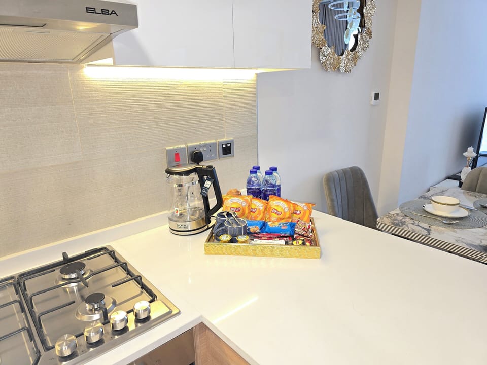 Luxury Apartment, Balcony, City View | Private kitchen | Full-size fridge, microwave, oven, cookware/dishes/utensils