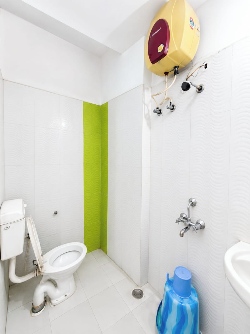 Shower, rainfall showerhead, slippers, towels