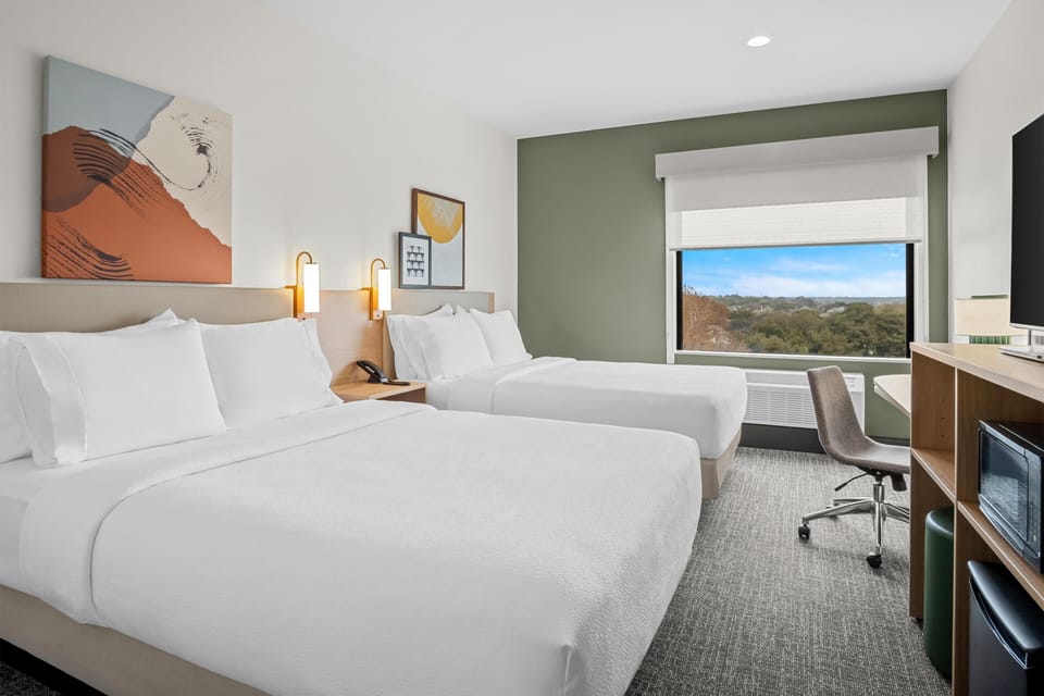 Room, 2 Queen Beds | Desk, laptop workspace, blackout drapes, iron/ironing board