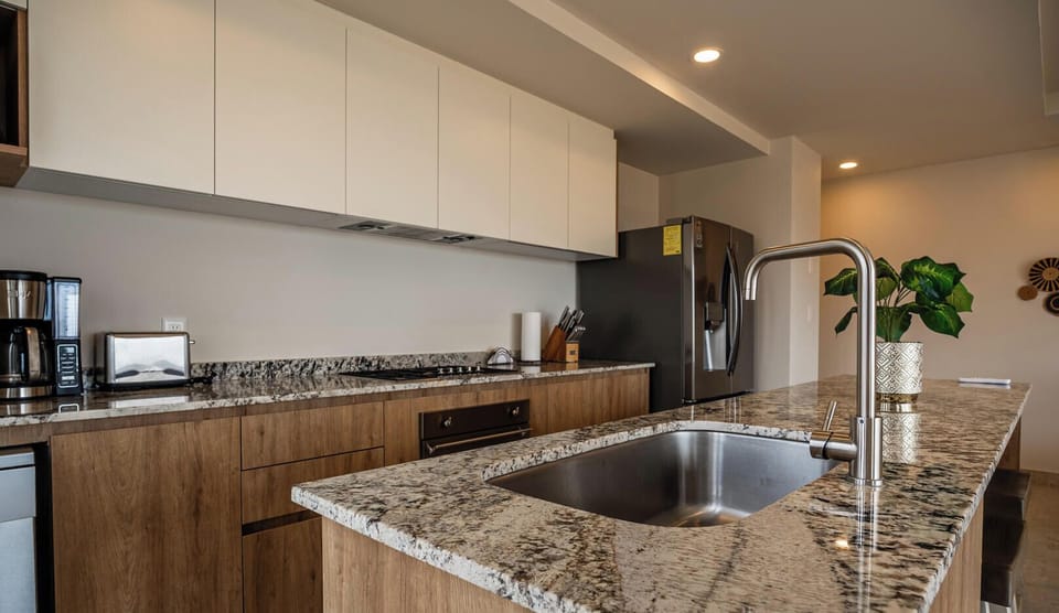 Deluxe Apartment, 2 Bedrooms, Partial Ocean View | Private kitchen | Coffee/tea maker, oven, dishwasher, blender