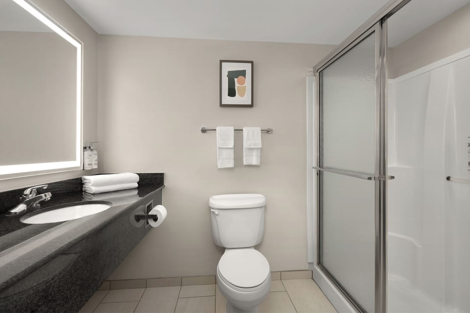 Combined shower/tub, hair dryer, towels