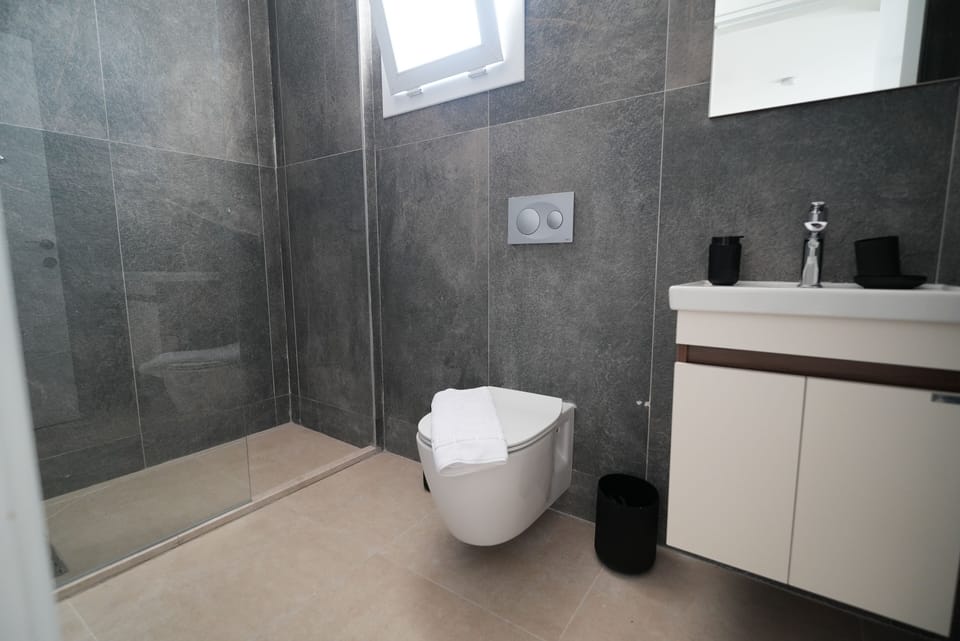 Shower, hair dryer, slippers, towels