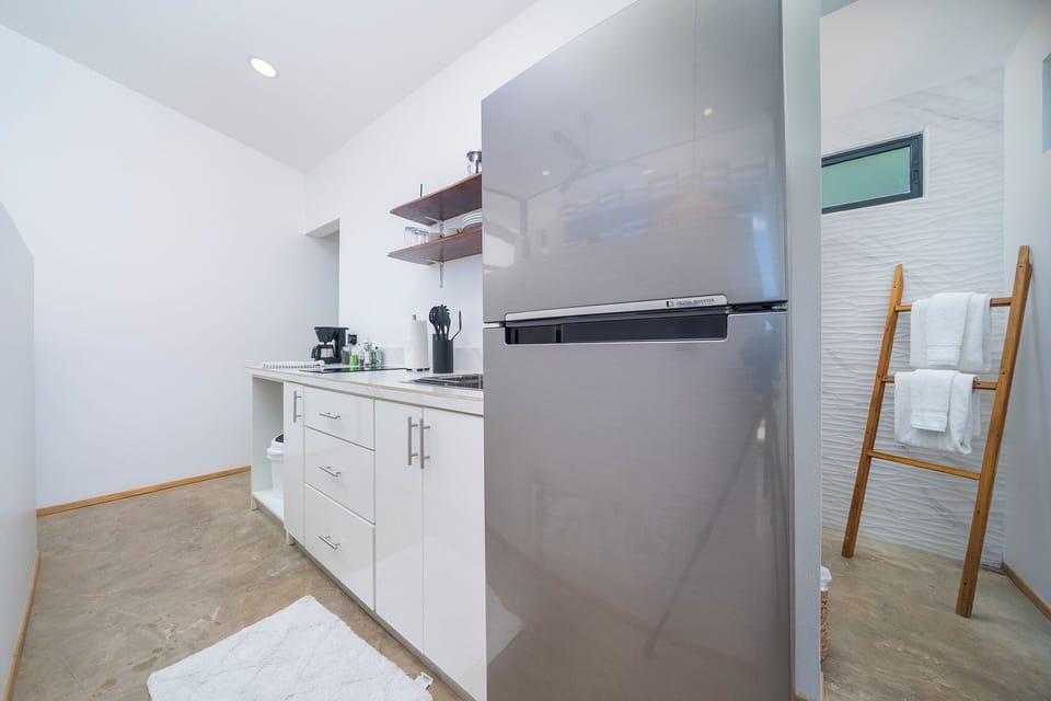 Full-size fridge, stovetop, coffee/tea maker, electric kettle