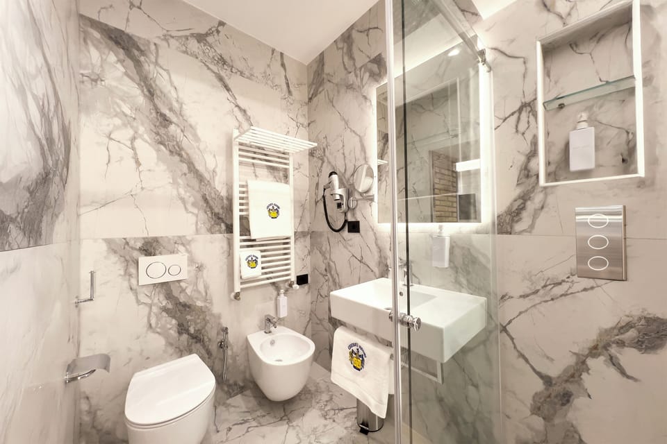 Double Room | Bathroom | Shower, hair dryer, towels, soap