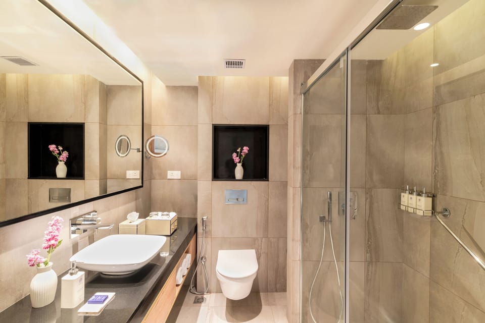 Shower, free toiletries, hair dryer, slippers