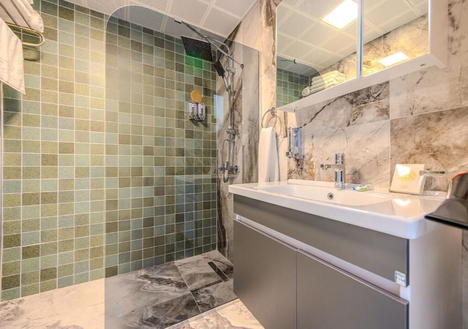 Shower, free toiletries, hair dryer, slippers