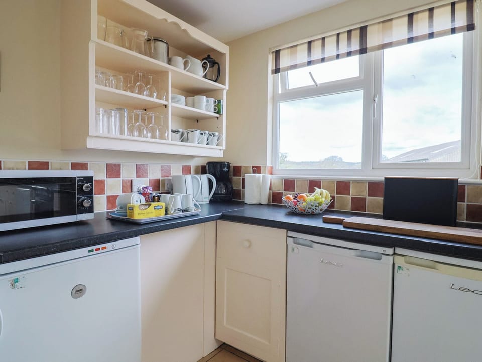 Fridge, microwave, dishwasher, cookware/dishes/utensils