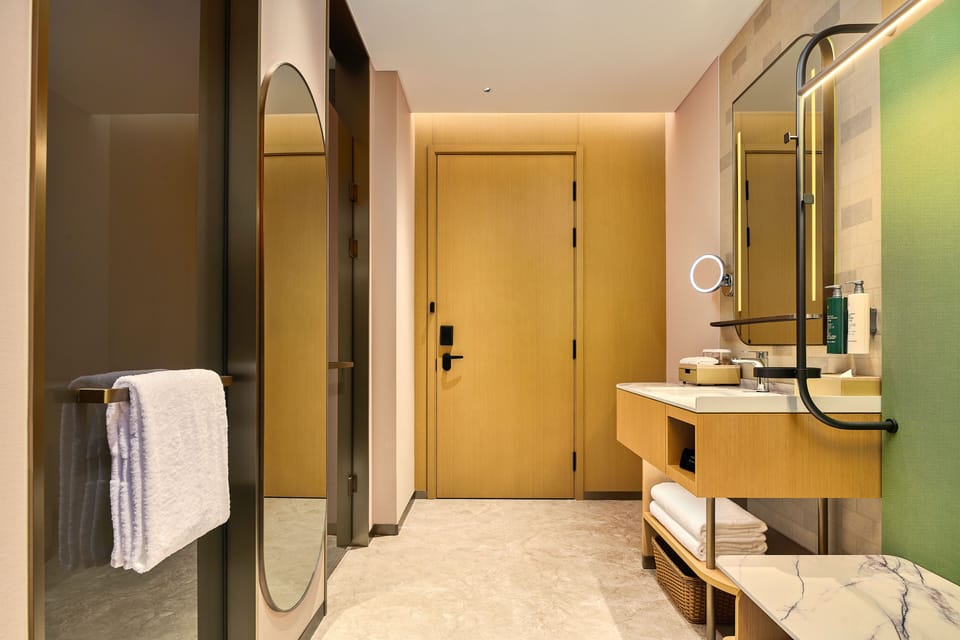 Shower, rainfall showerhead, hair dryer, slippers