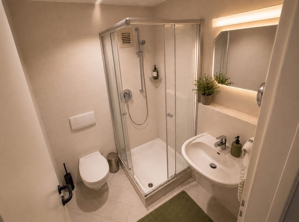 Shower, eco-friendly toiletries, hair dryer, towels
