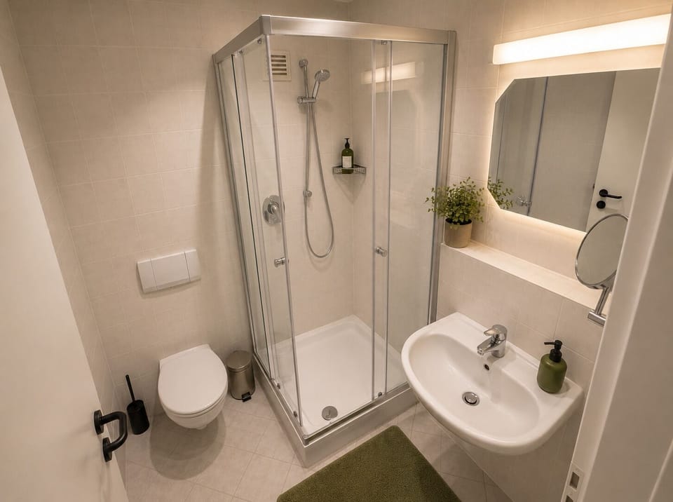 Shower, eco-friendly toiletries, hair dryer, towels