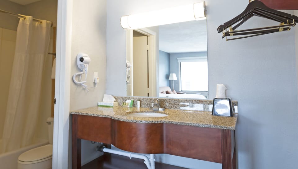 Combined shower/tub, free toiletries, hair dryer, towels