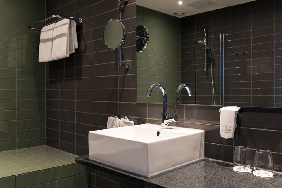 Hair dryer, towels, soap, shampoo