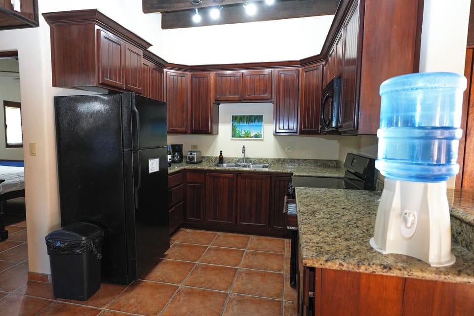 Full-size fridge, microwave, blender, coffee grinder