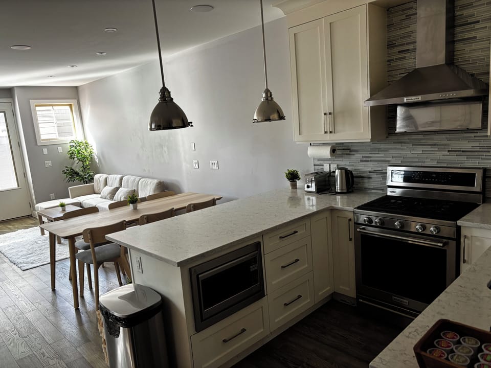 Fridge, microwave, cookware/dishes/utensils