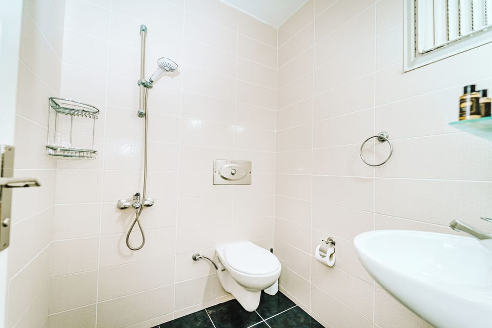 Shower, free toiletries, hair dryer, slippers