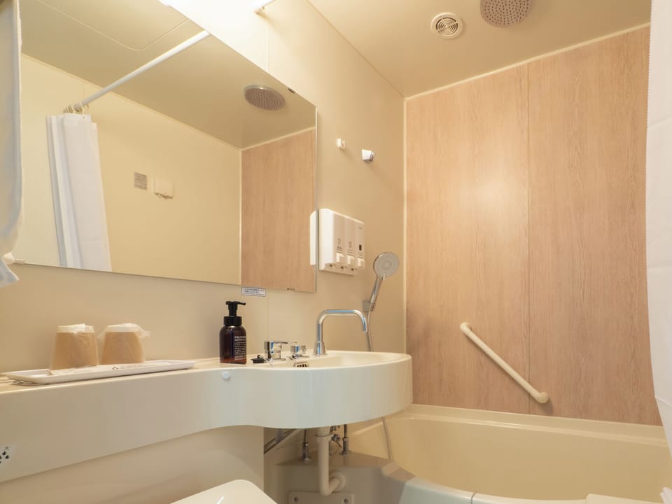 Combined shower/tub, rainfall showerhead, hair dryer, slippers