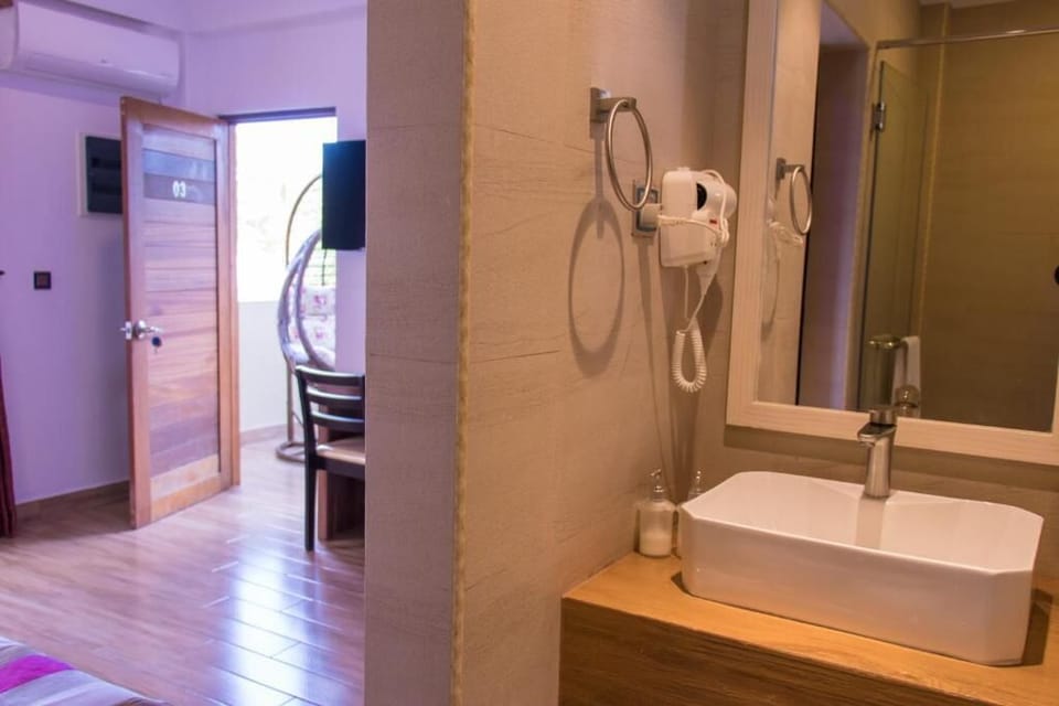 Separate tub and shower, hair dryer, towels, soap