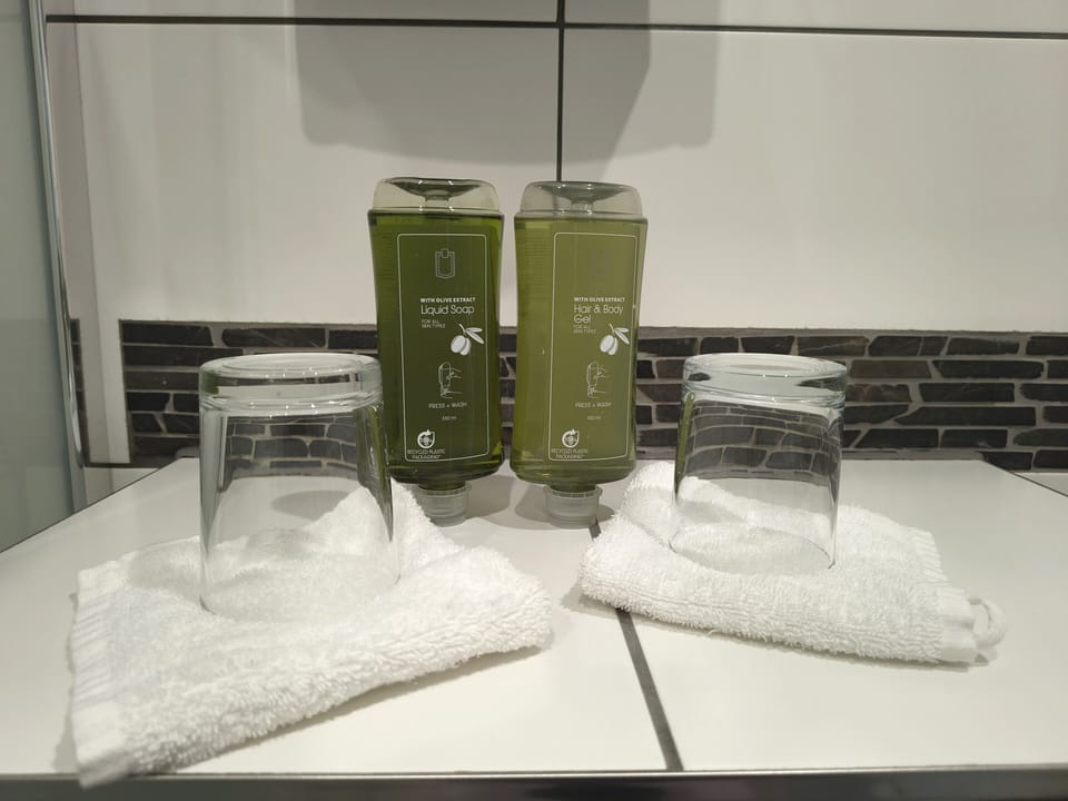 Shower, hair dryer, slippers, towels
