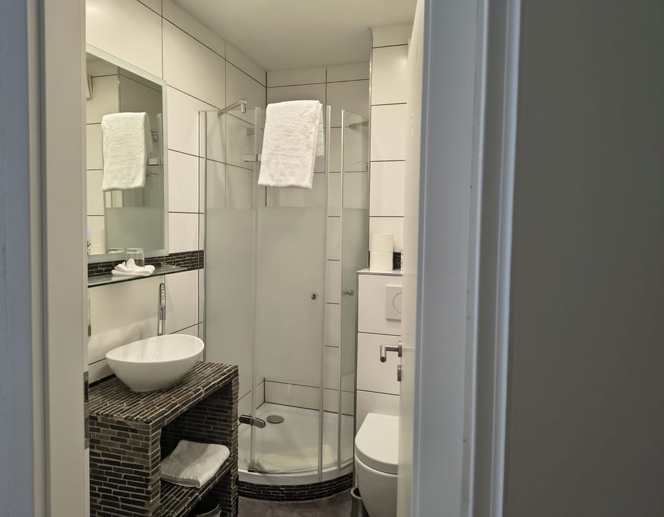 Shower, hair dryer, slippers, towels