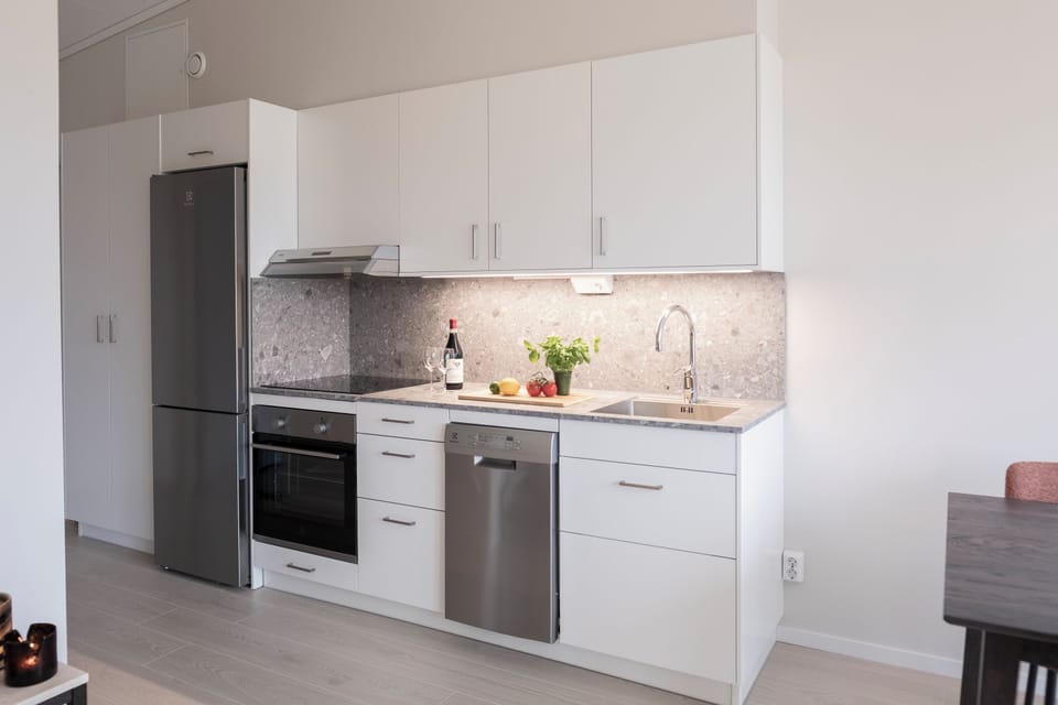 Full-size fridge, oven, stovetop, dishwasher