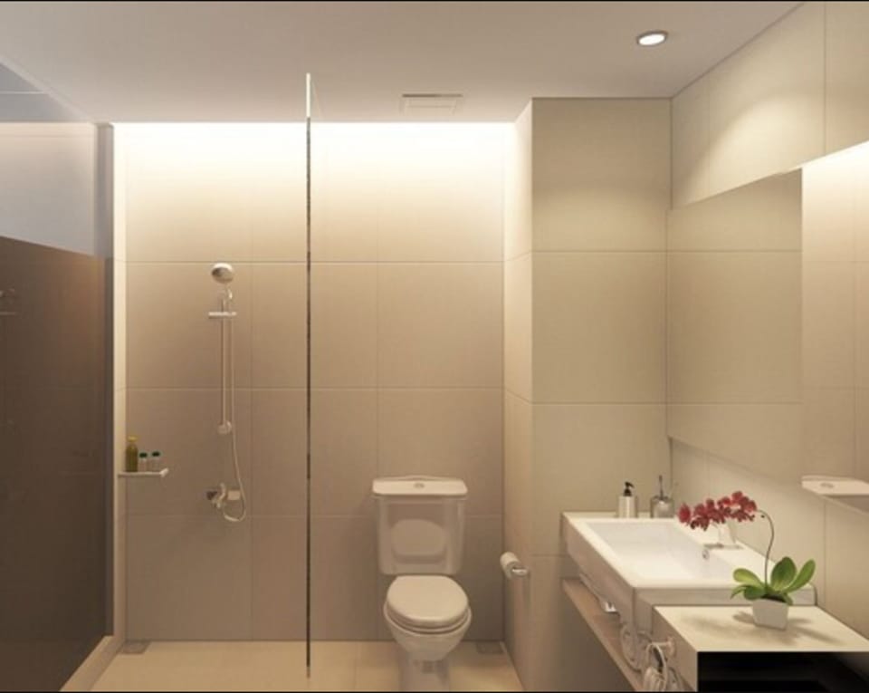 Shower, free toiletries, slippers, towels