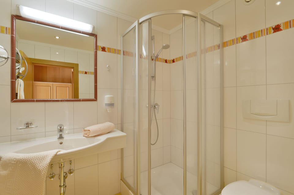 Shower, hair dryer, bathrobes, towels