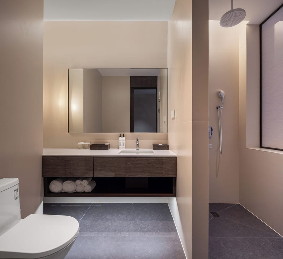 Hair dryer, slippers, towels, soap