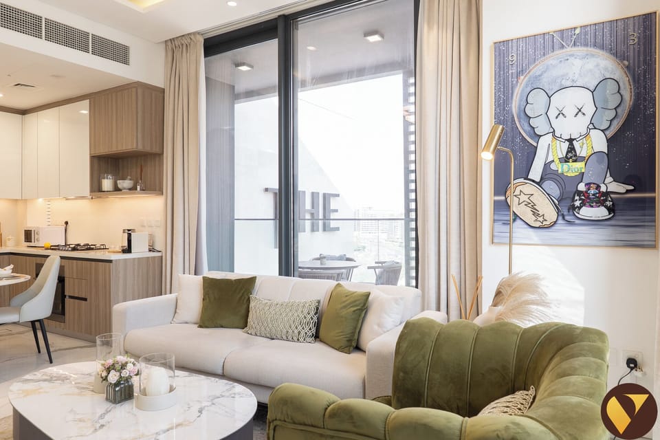 Luxury Apartment, Balcony, City View | Living area | 65-inch Smart TV with cable channels
