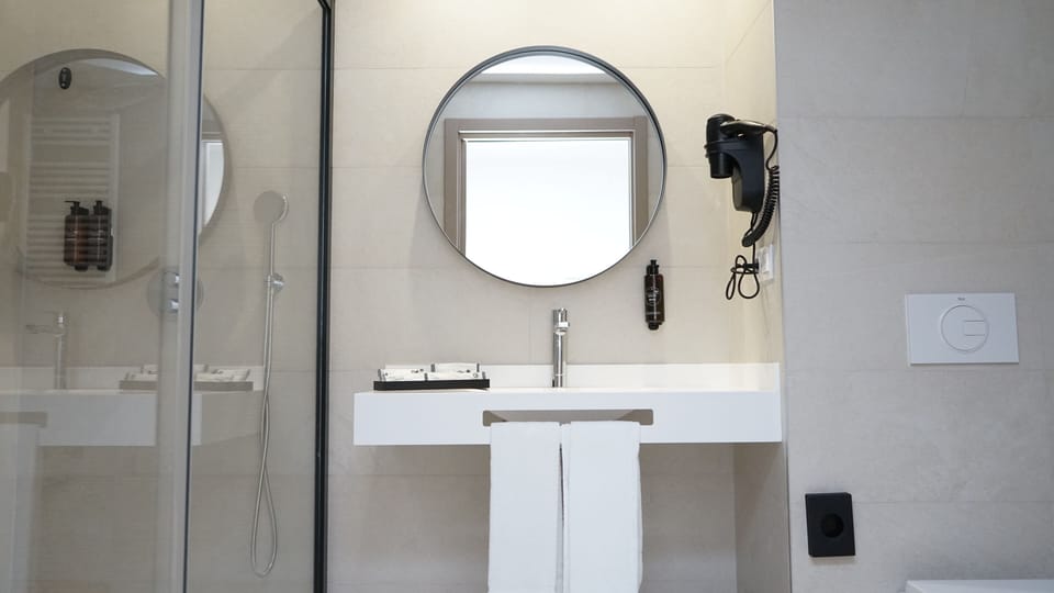 Shower, free toiletries, hair dryer, towels