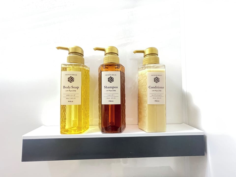 Shower, hair dryer, towels, shampoo