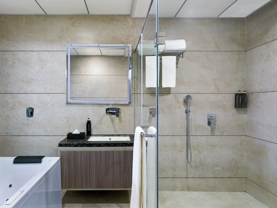 Shower, rainfall showerhead, hair dryer, slippers