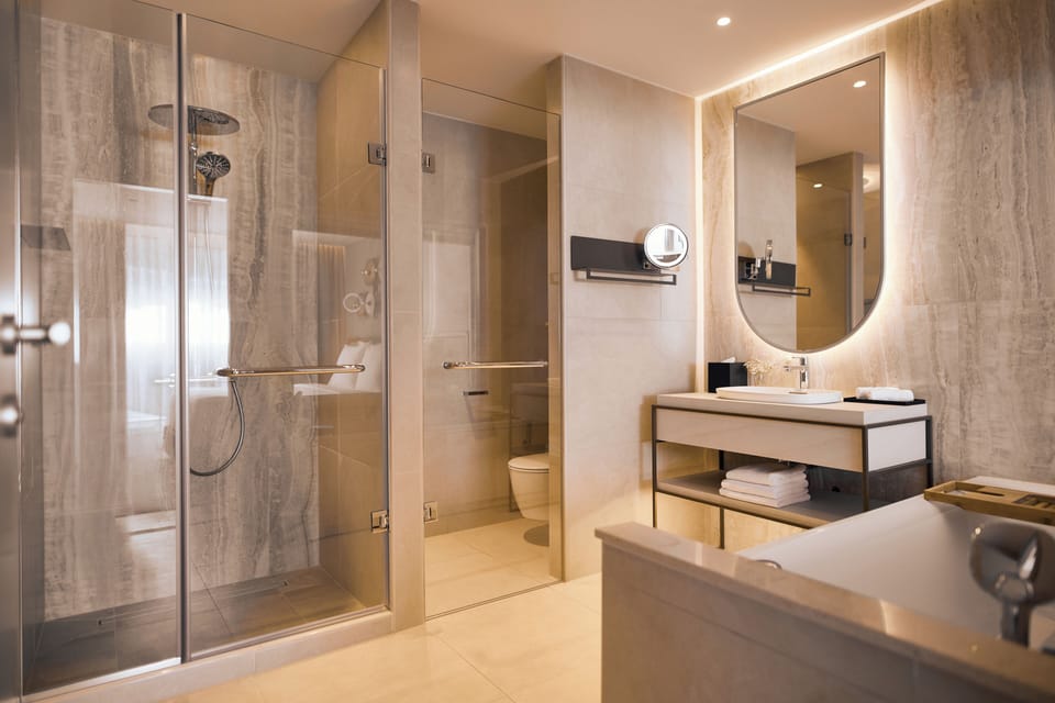 Combined shower/tub, free toiletries, hair dryer, towels