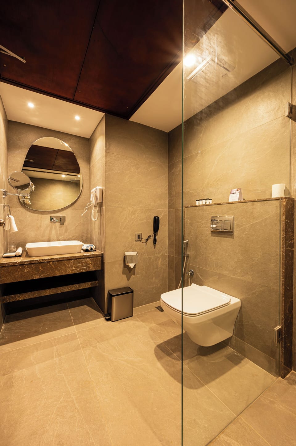 Shower, hair dryer, slippers, towels
