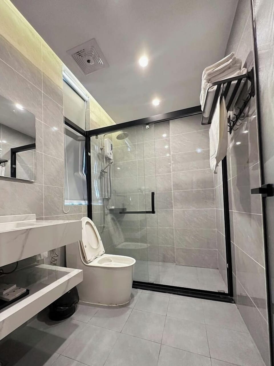 Hair dryer, towels, shampoo, toilet paper
