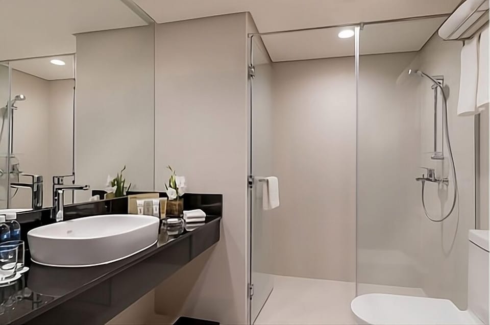 Shower, rainfall showerhead, free toiletries, hair dryer