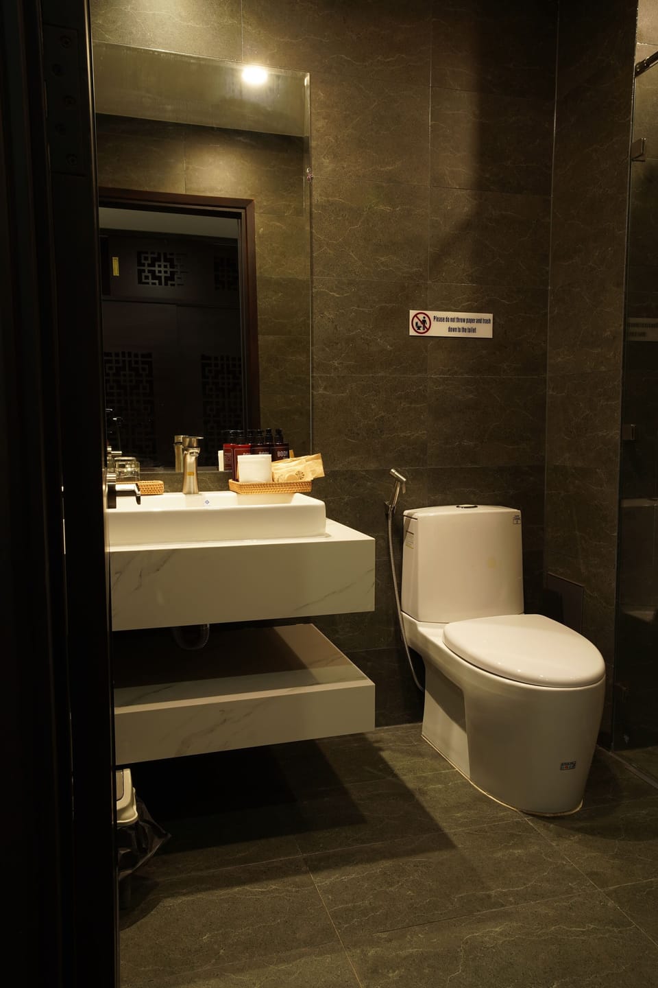 Shower, slippers, bidet, soap